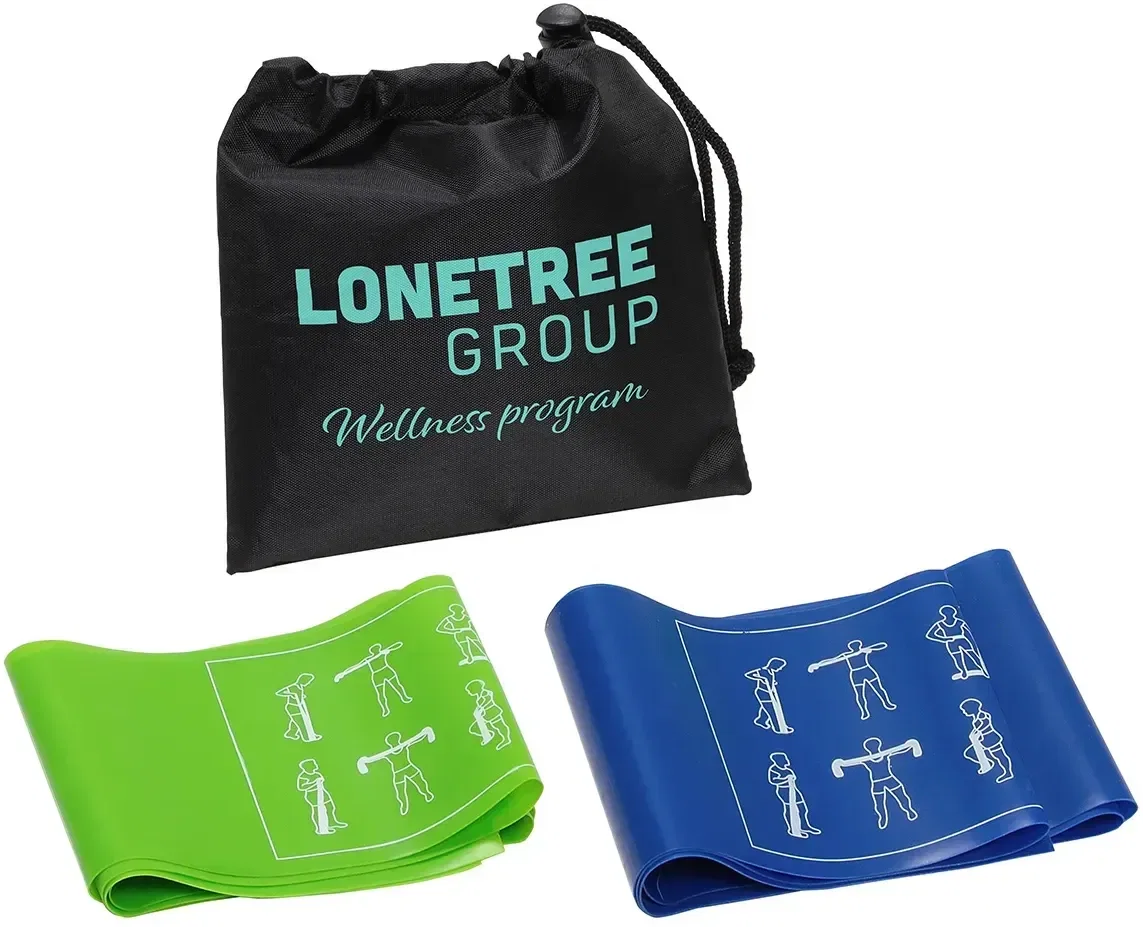 Custom Power Stretch latex resistance band set with pouch, branded fitness giveaway front view