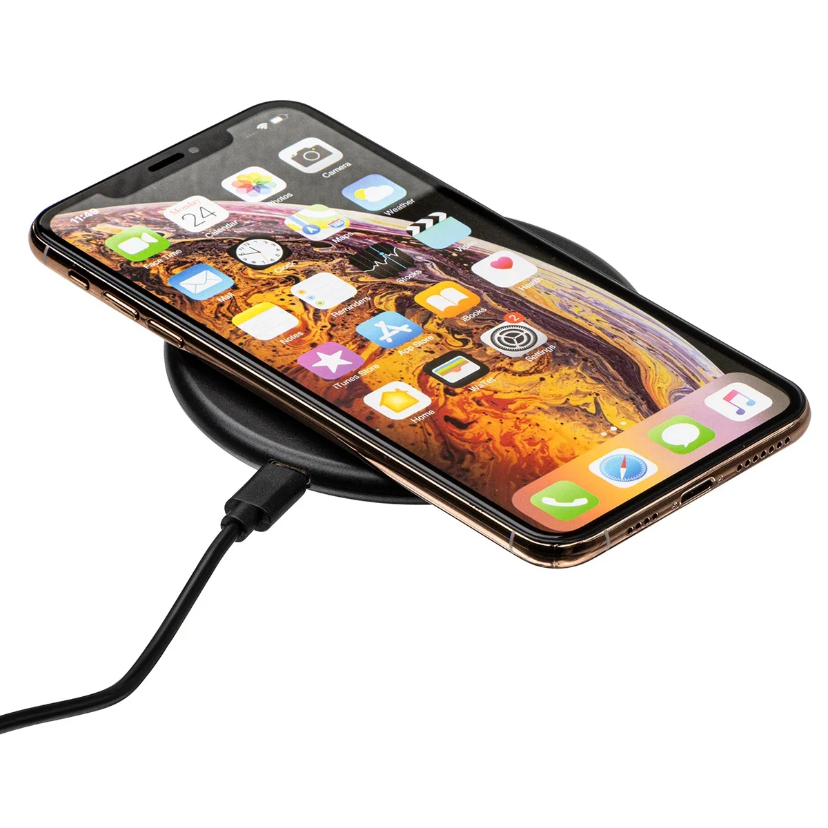 Power Up 15W Wireless Charger charging a smartphone, promotional wireless charger in use