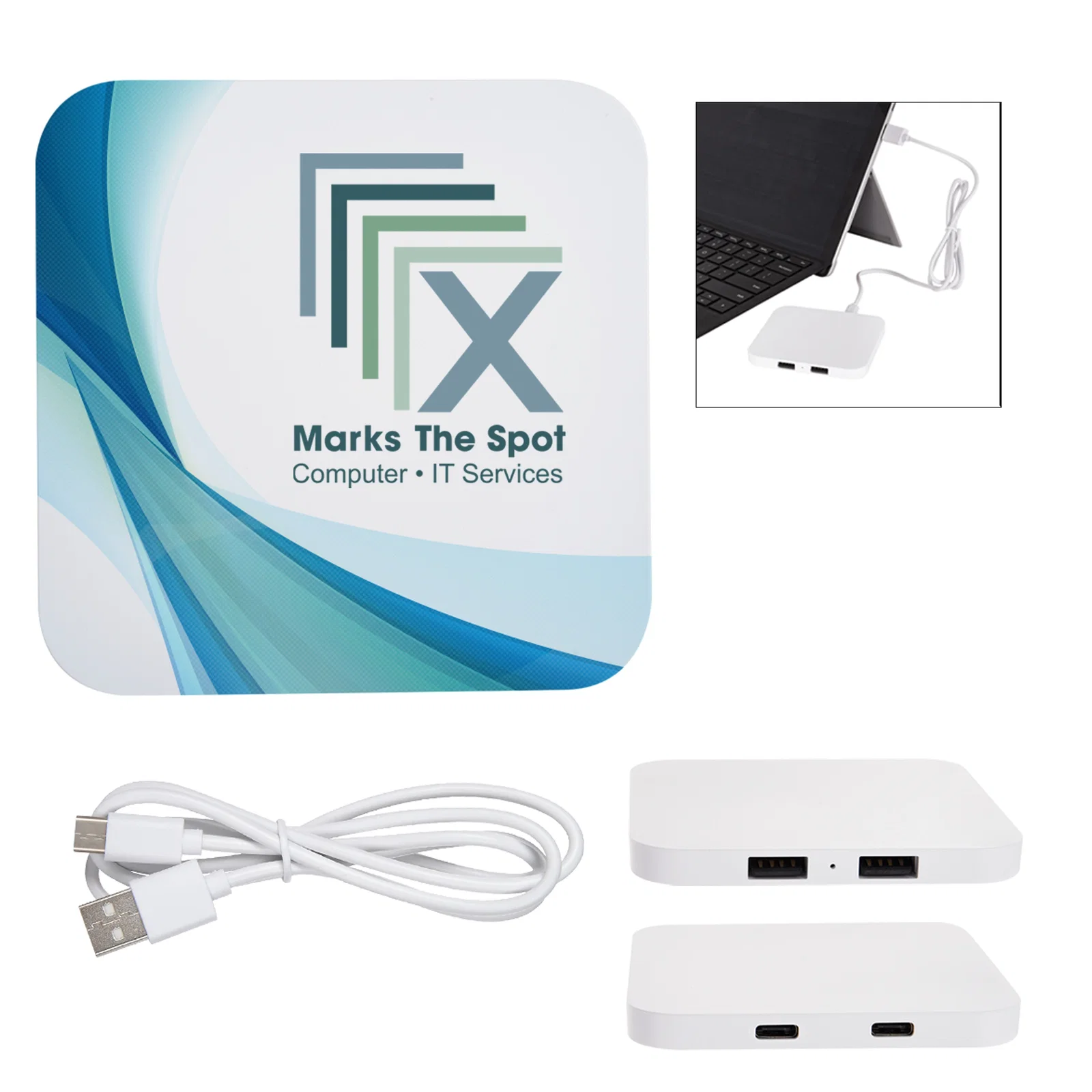 White charging pad with two USB ports on one edge