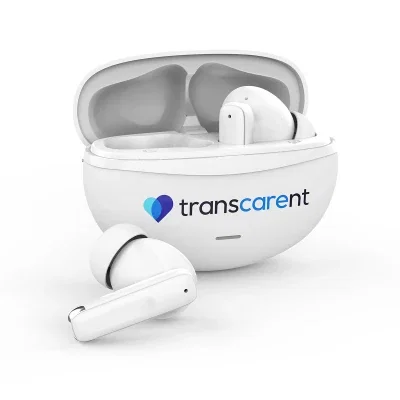 White wireless earbuds resting inside their compact charging case