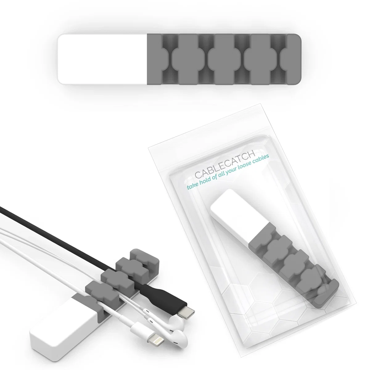 Slim cord holder shown at an angle to reveal its low profile