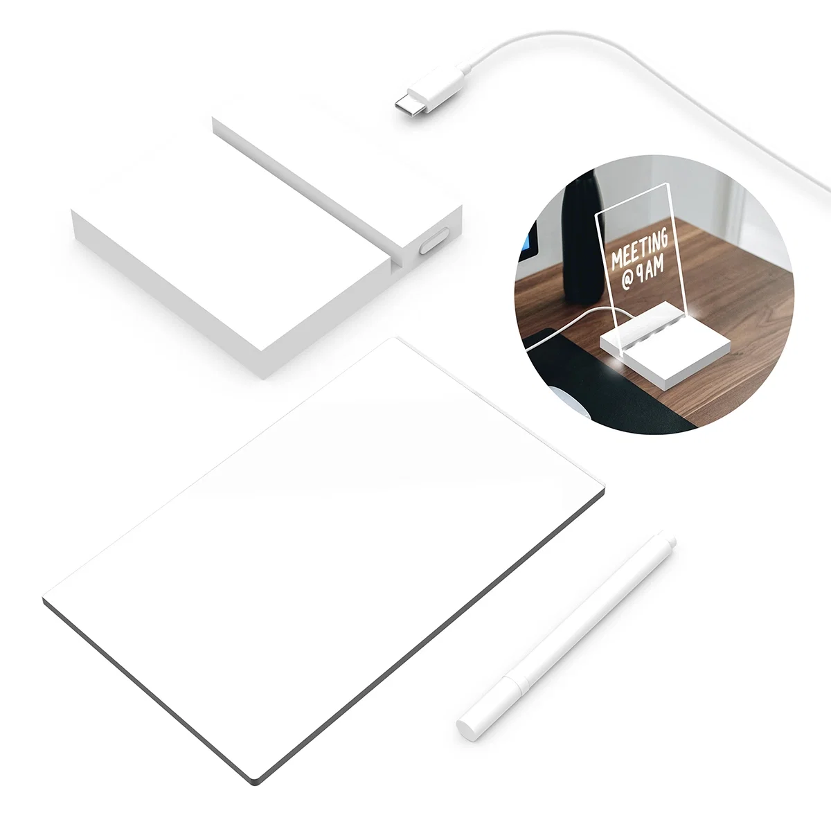 Angled view of the compact white note board, roughly six inches wide