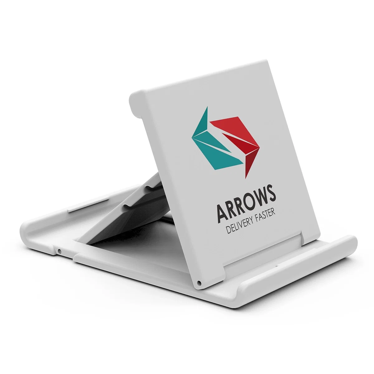 Folding phone stand opened into its propped position