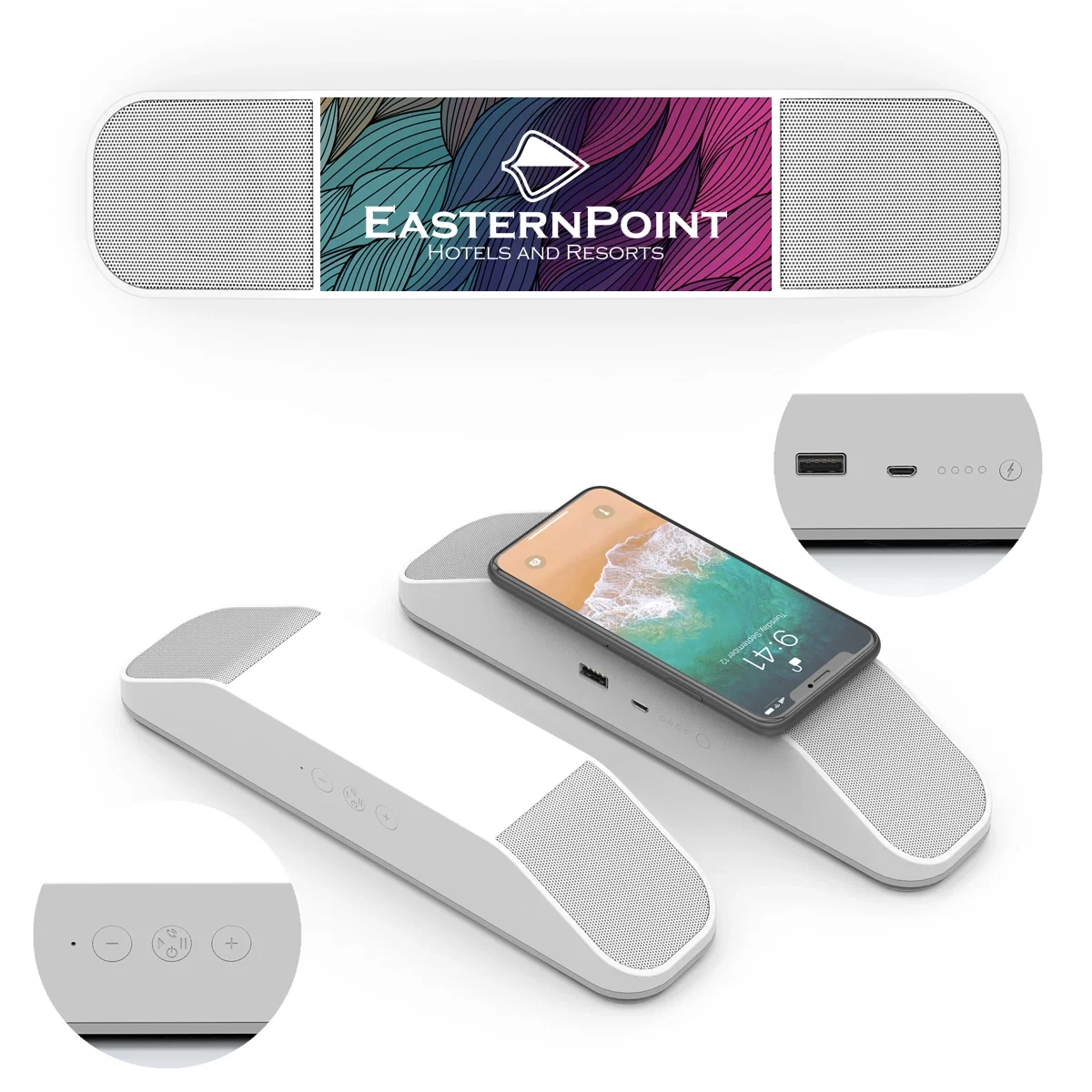 White speaker and wireless charger built into one desktop unit