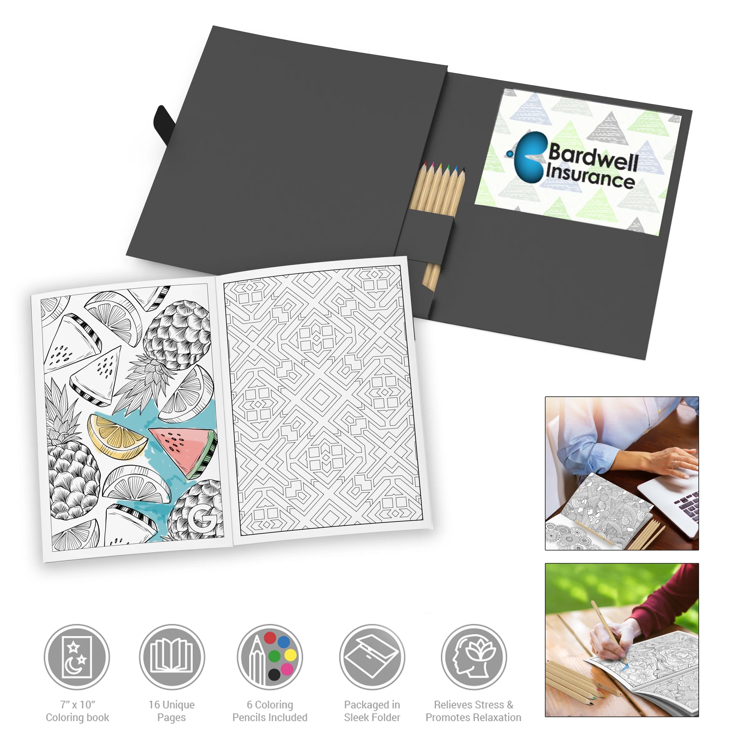 Adult coloring book kit in a slim black nine inch case