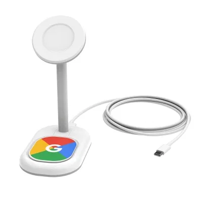 White magnetic phone stand shown upright and empty