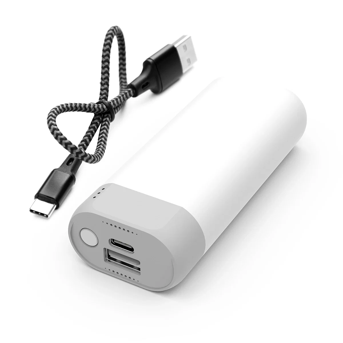 Pocket-sized portable charger seen at a slight tilt