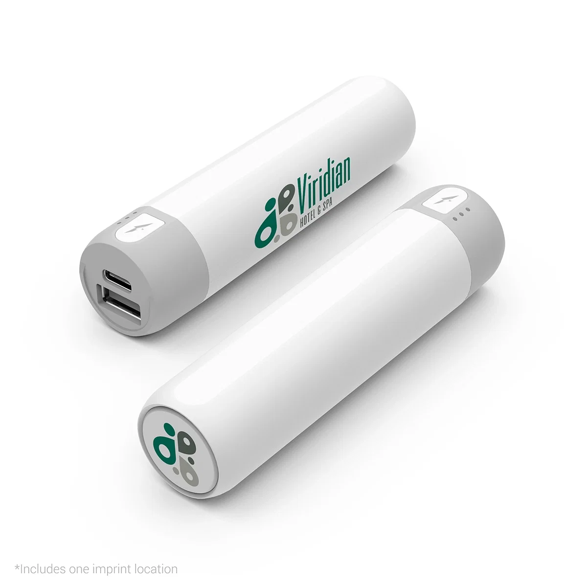 Compact white power bank shown upright at under four inches