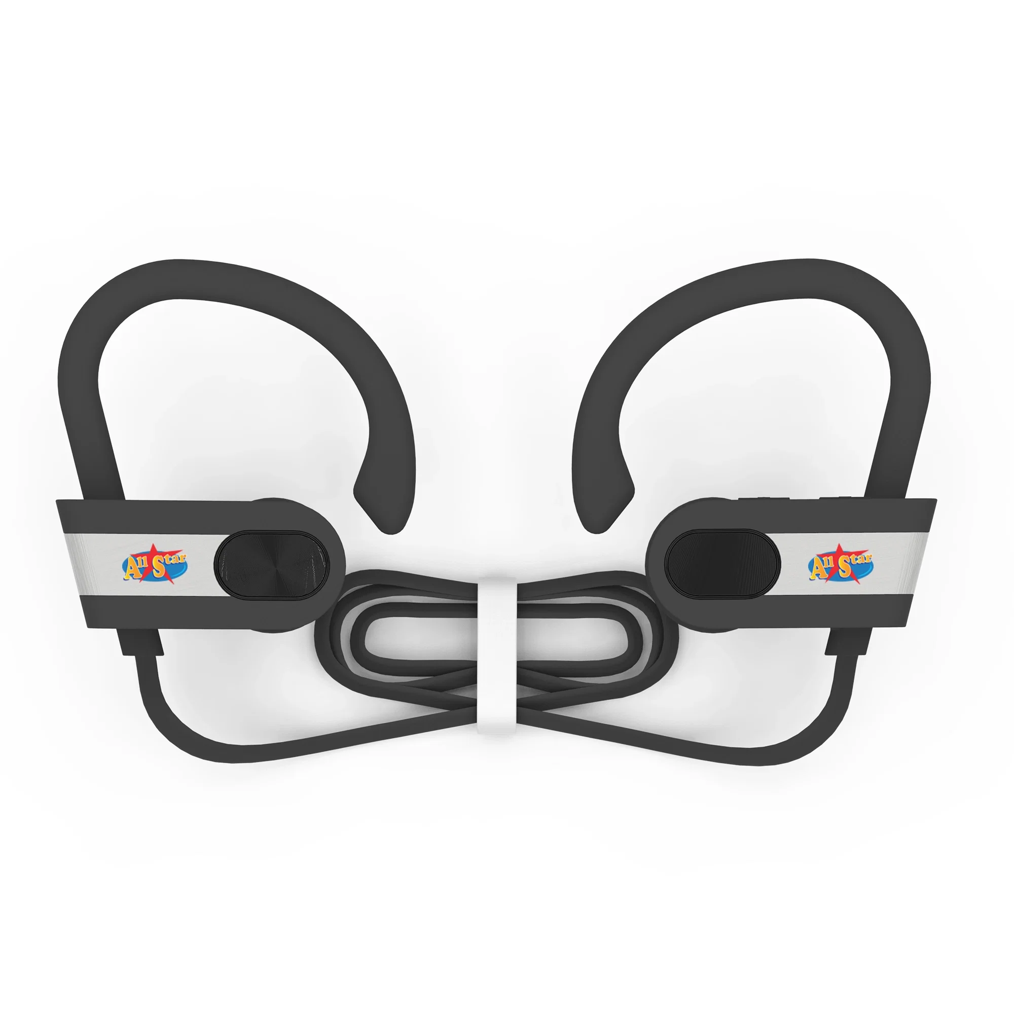 Black and gray earbuds shown together from the front
