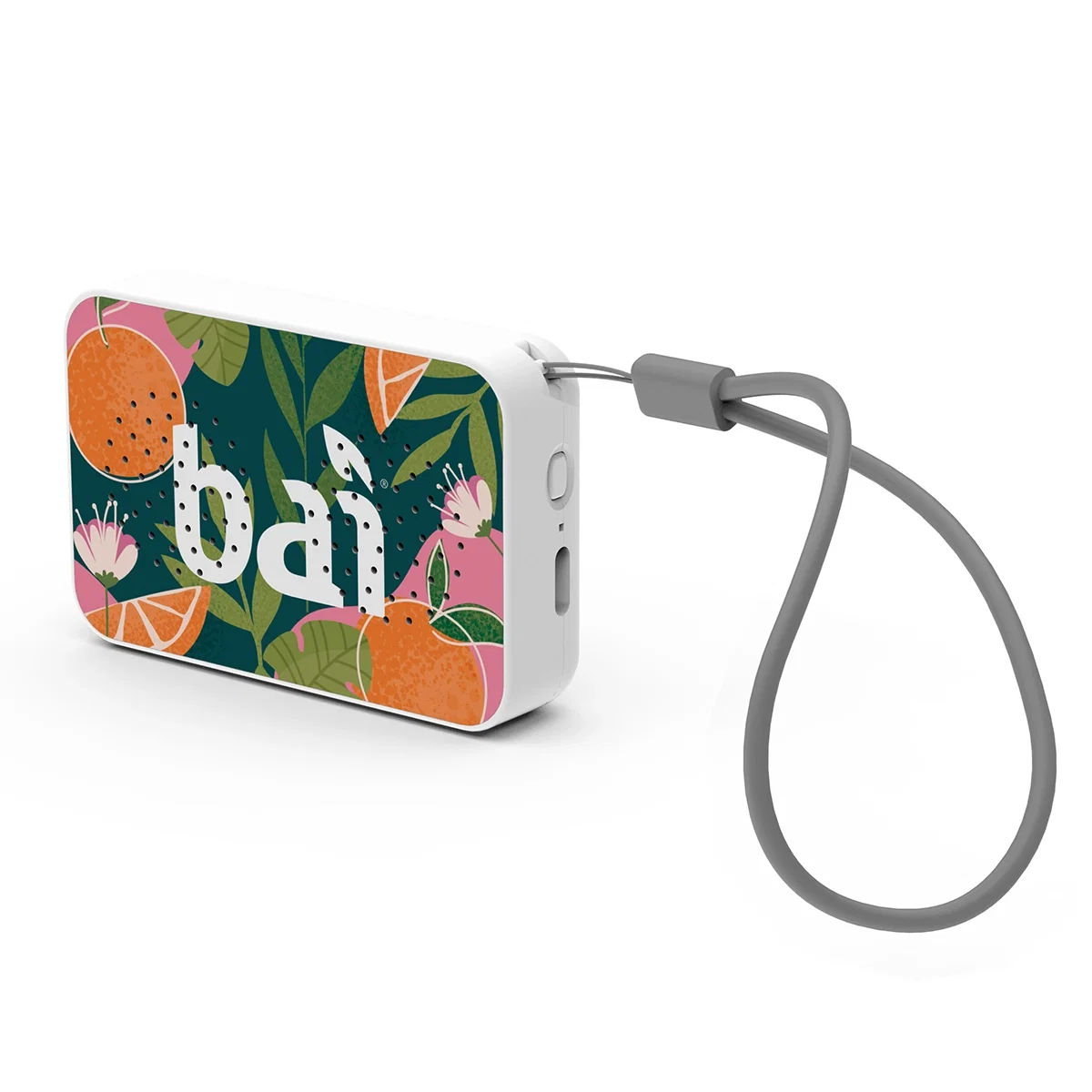 Small white pocket speaker sized at three inches wide
