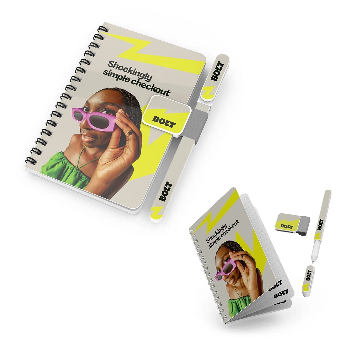 Side bound notebook paired with a pen and clip in one kit