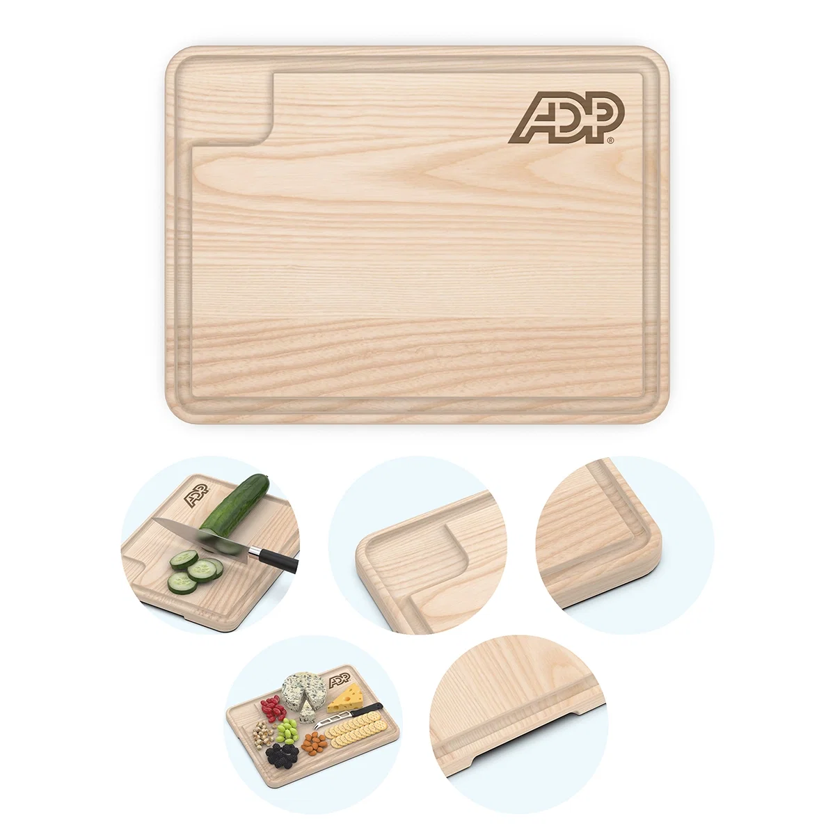 Rectangular cutting board with a natural brown finish, twelve inches wide