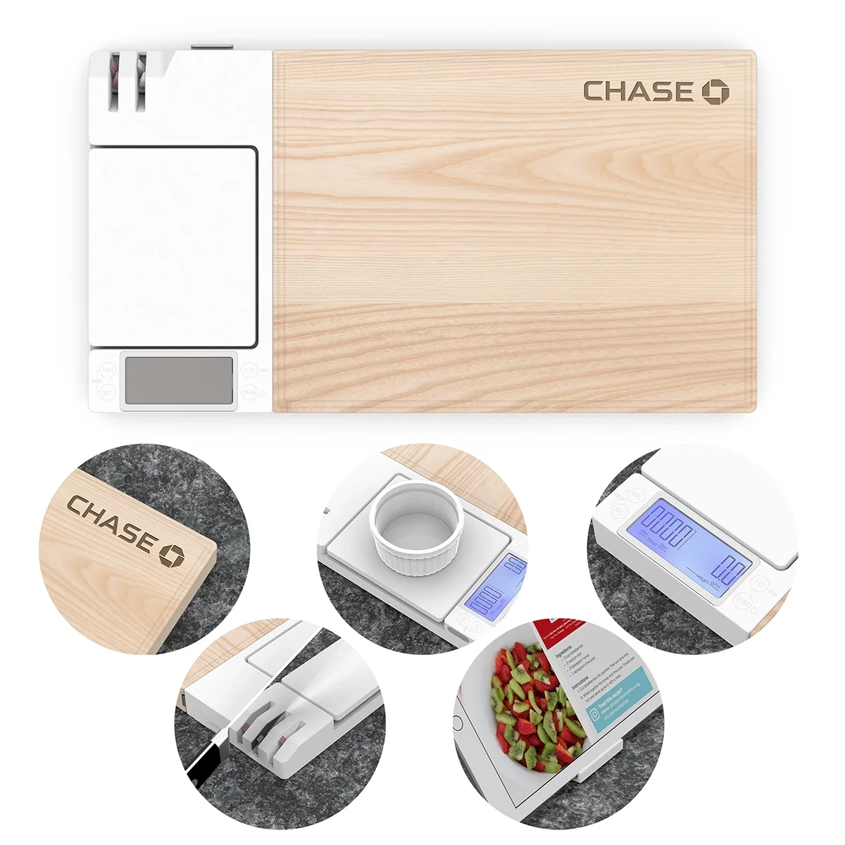 Five in one cutting board measuring roughly sixteen by nine inches