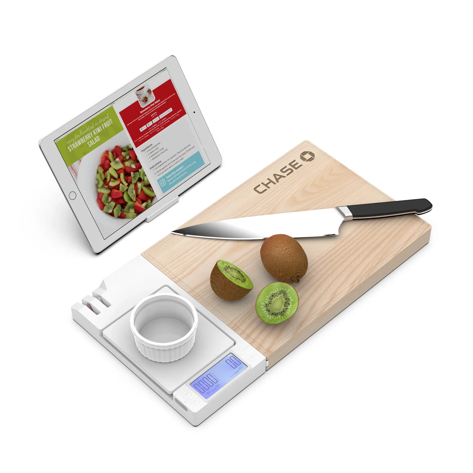 Angled shot of the board set up for slicing vegetables