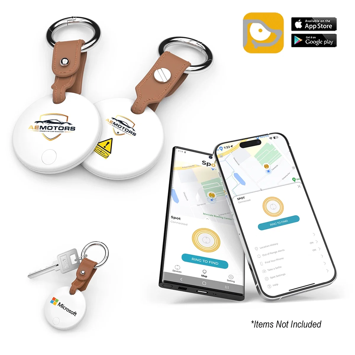 Bluetooth item finder and key chain, about three inches wide