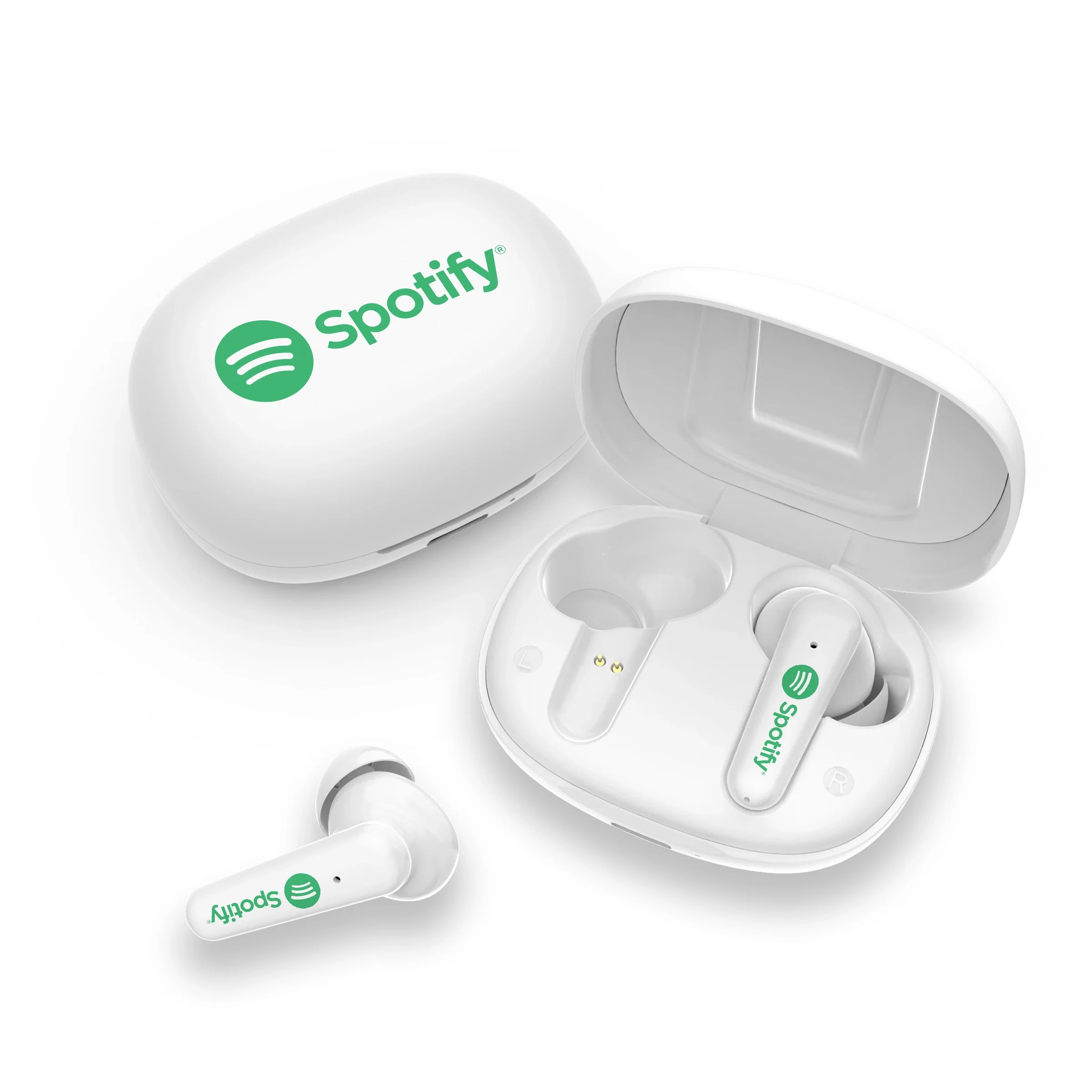 White wireless earbuds resting inside their small charging case
