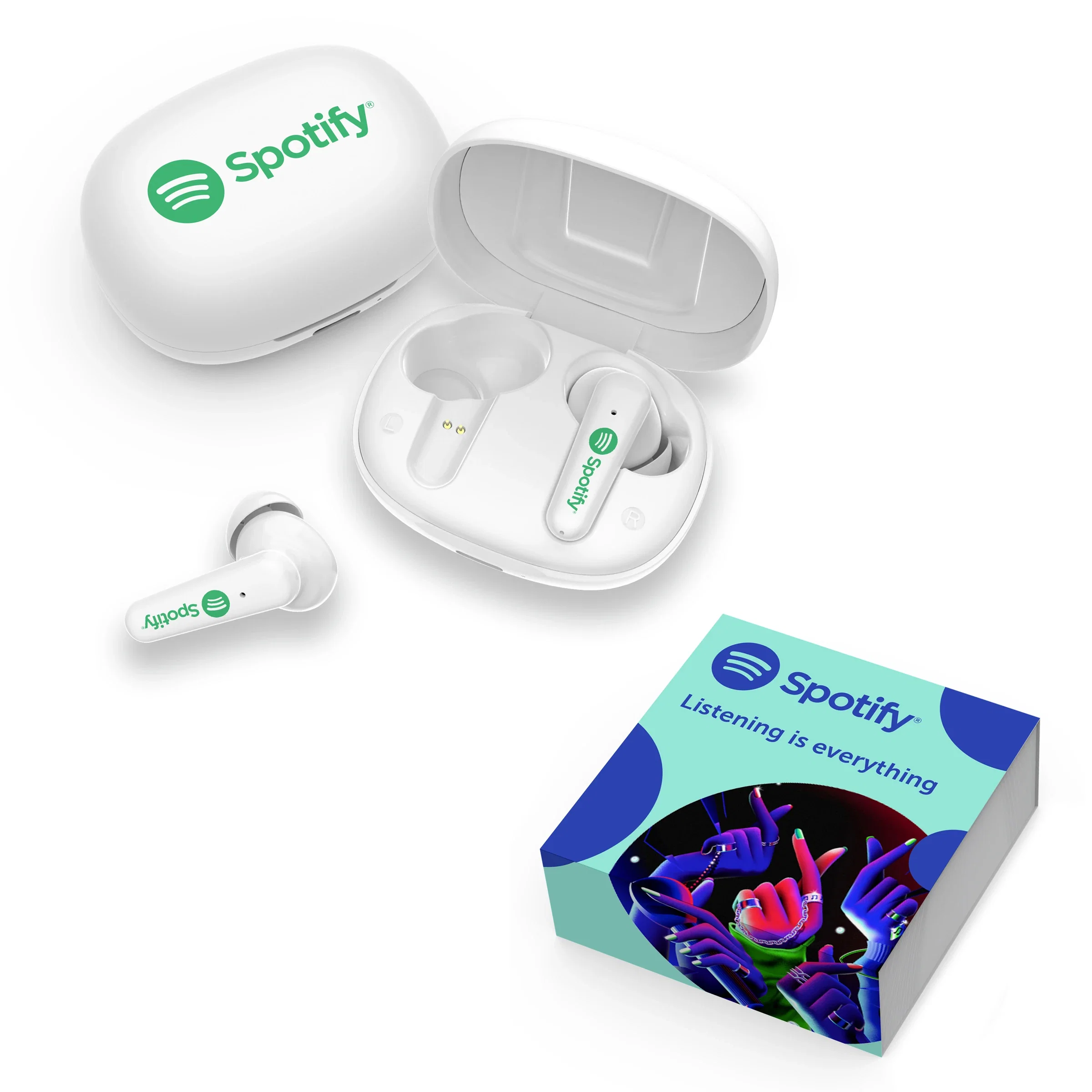 Charging case opened to reveal both earpieces seated inside