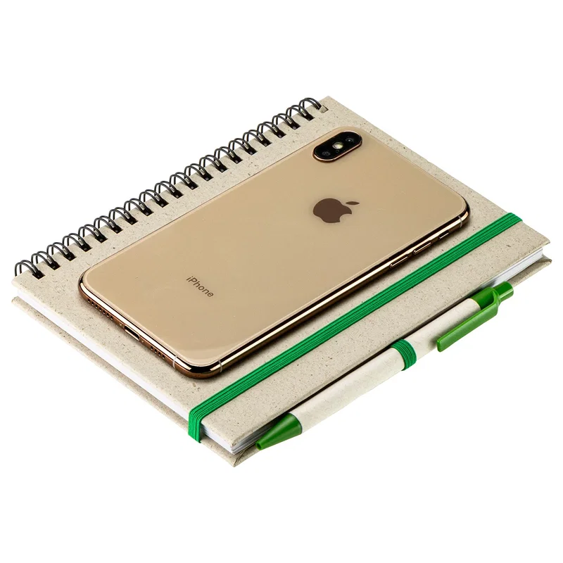 Angled view of the promotional Prairie Fragrant Grass Recycled Spiral Notebook