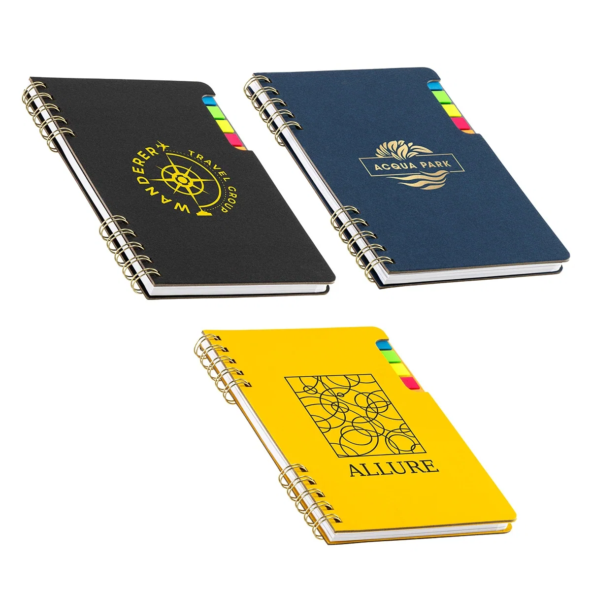 Custom Praxis Recycled Spiral Notebook with Sticky Flags, front view of the branded notebook