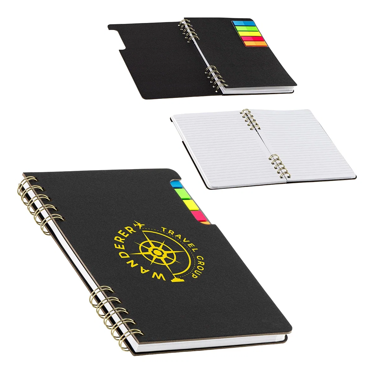 Close-up of the Praxis Recycled Spiral Notebook's built-in 5-color sticky page flags