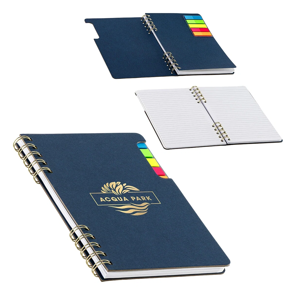 Praxis Recycled Spiral Notebook open to a blank page, lifestyle desk shot