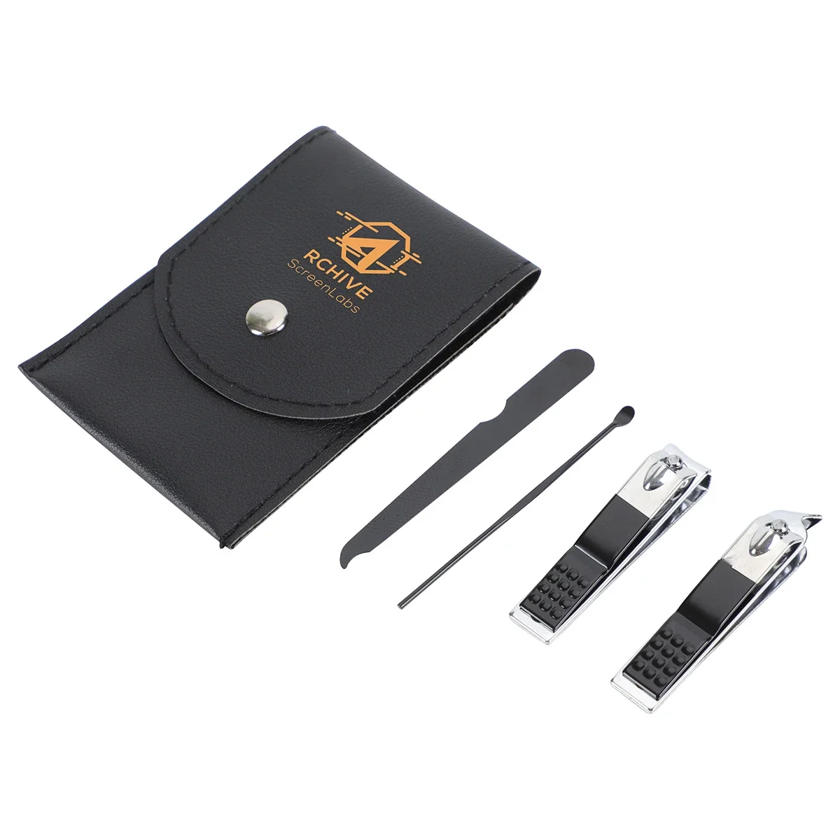 Close-up of the custom Preen 4-Piece Manicure Kit's logo imprint area on the case