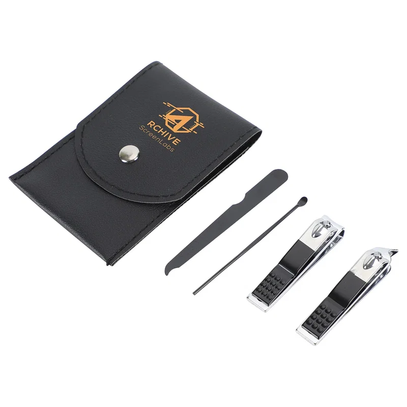 Close-up of the custom Preen 4-Piece Manicure Kit's logo imprint area on the case