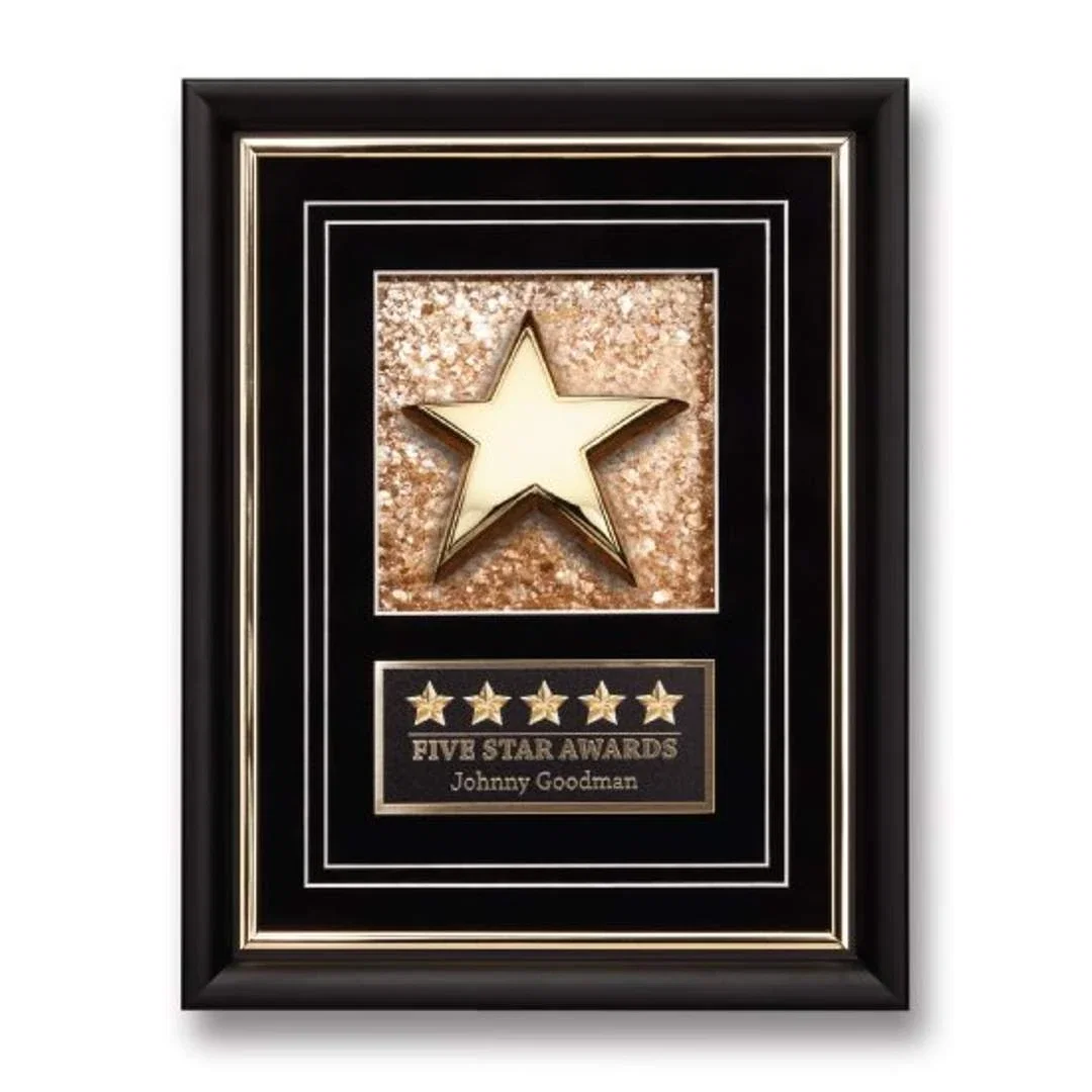 Custom Iridescent Mica Plaque With Cast Metal Star And Shadowbox Frame for corporate award ceremonies