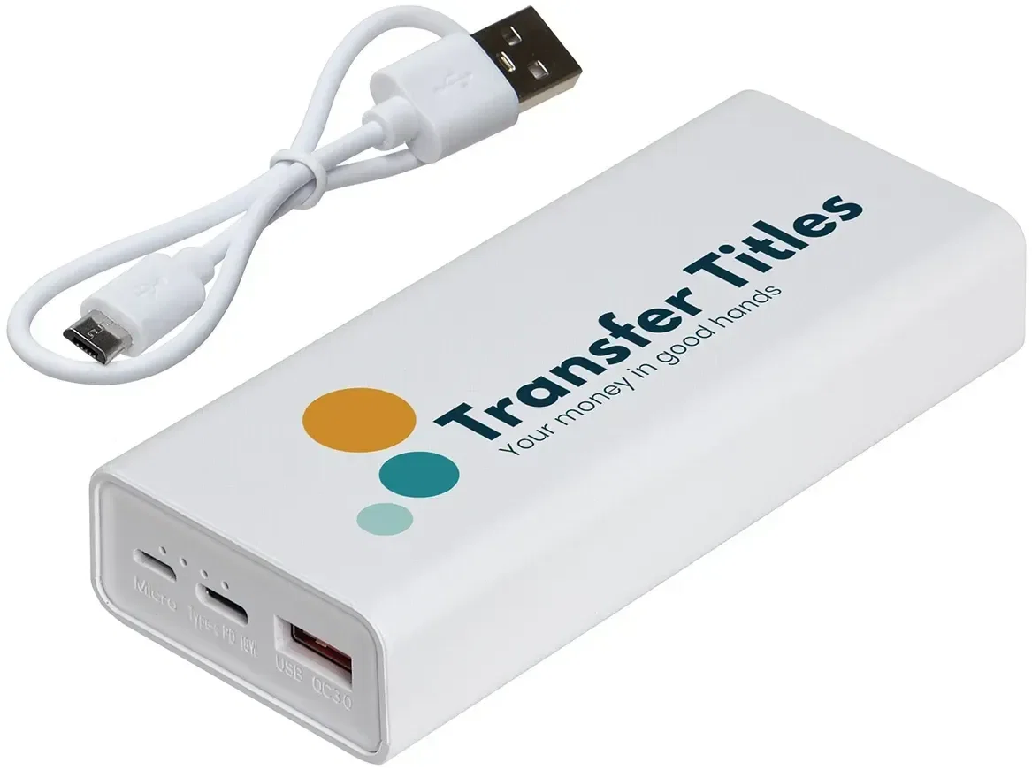 Premier 10000mAh PD+QC power bank, custom branded promotional tech charger, front view