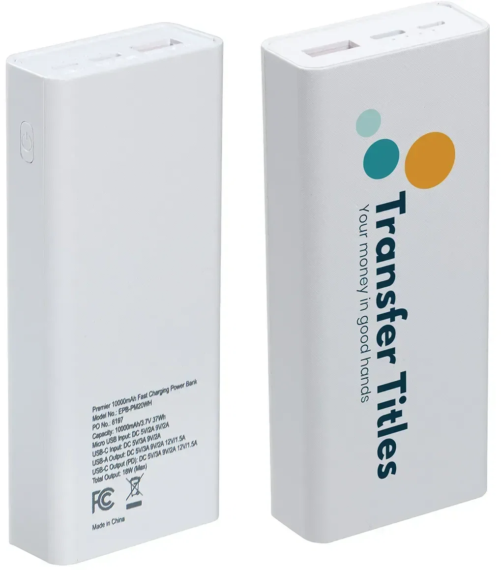 Custom logo Premier 10000mAh power bank, USB ports close-up