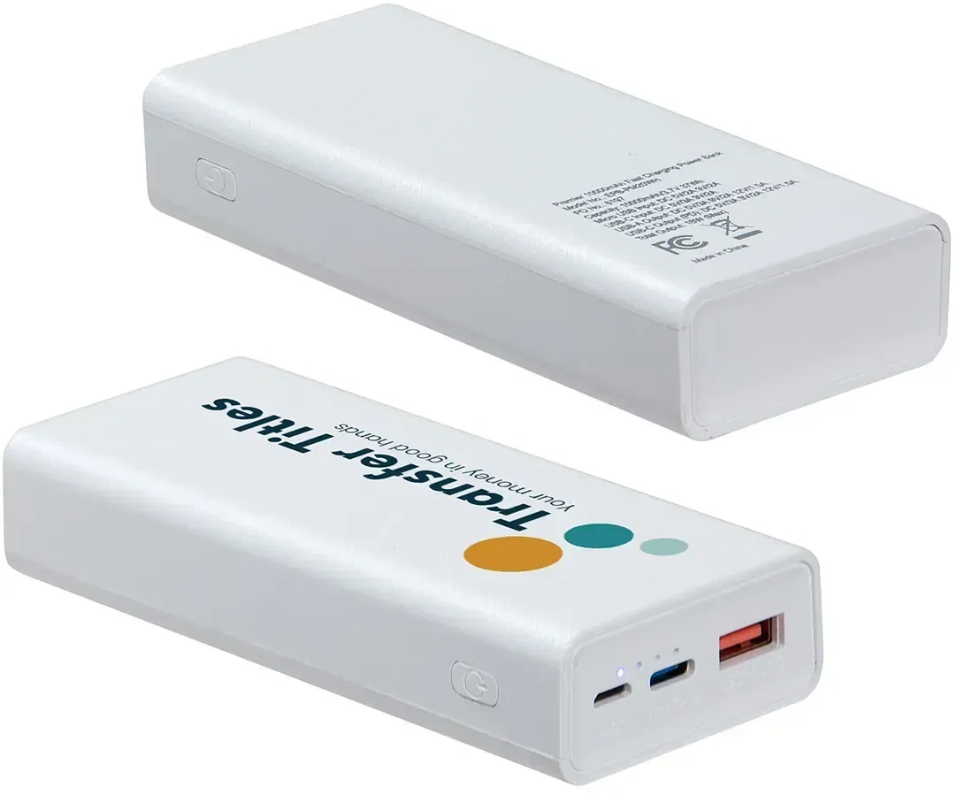 Branded Premier power bank charging a phone, side view