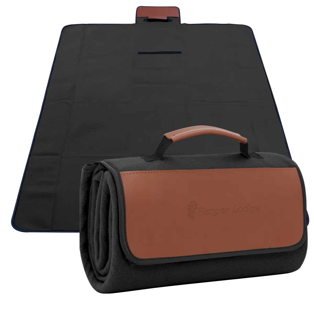 Roll up picnic blanket in black with a brown flap