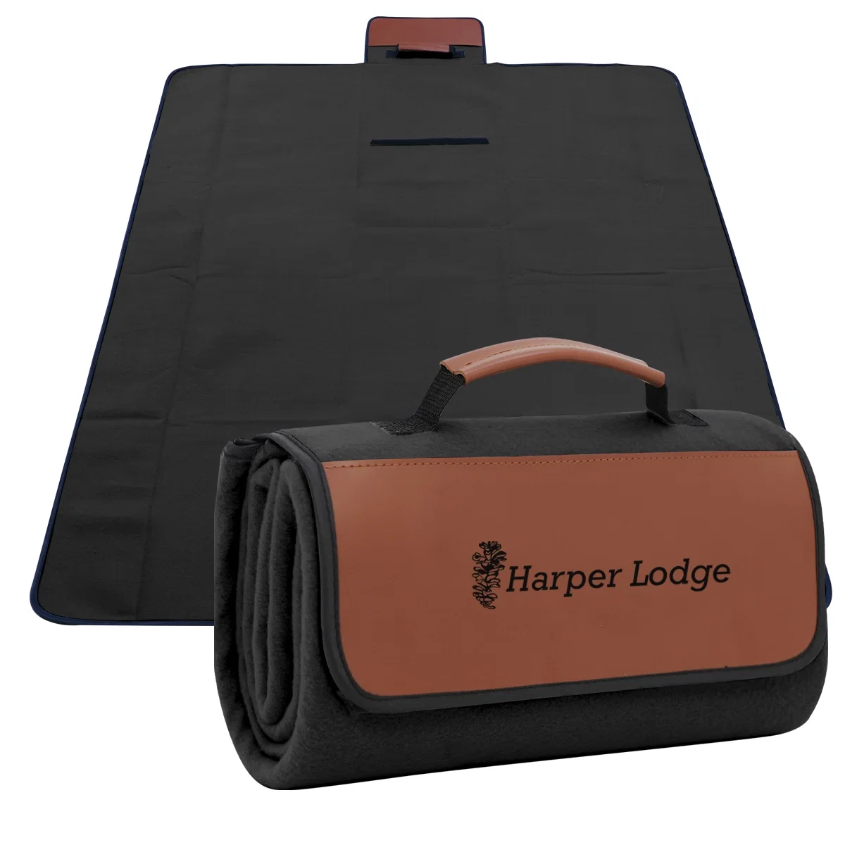 Brown flap fastened over the rolled blanket