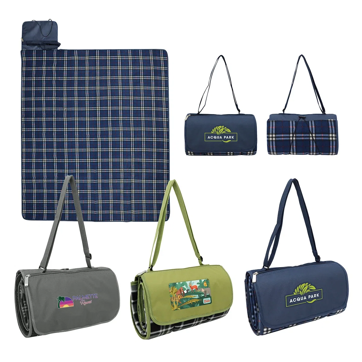 Custom Premium Barrel Fleece Picnic Blanket, front view of the branded picnic blanket