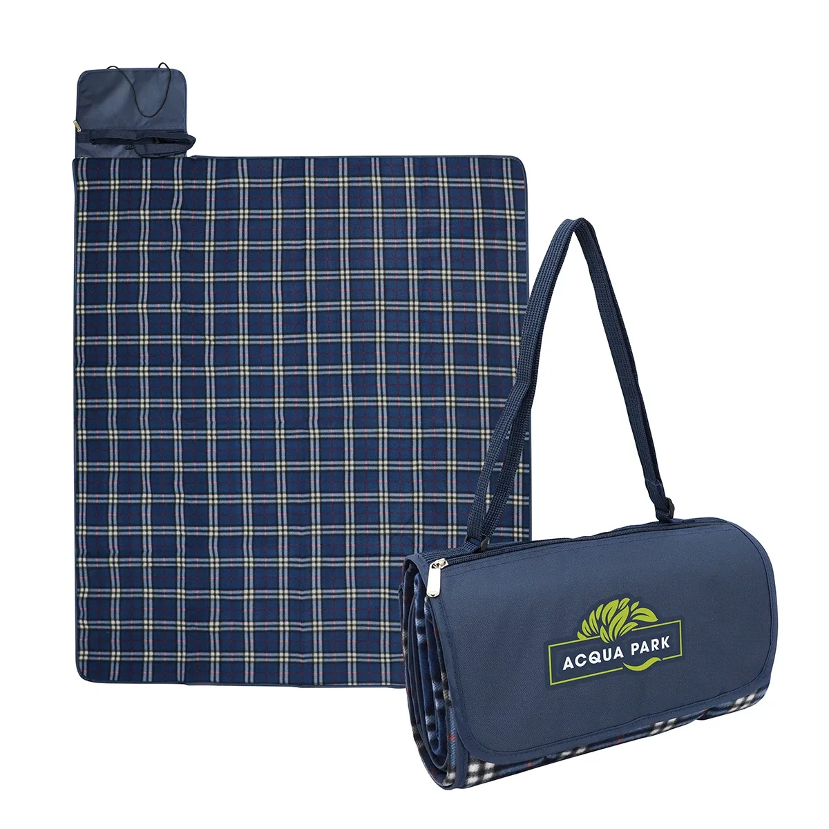 Premium Barrel Fleece Picnic Blanket rolled and fastened with its carry strap