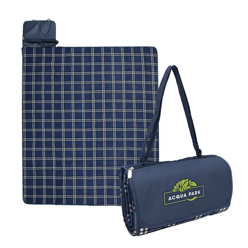 Premium Barrel Fleece Picnic Blanket rolled and fastened with its carry strap