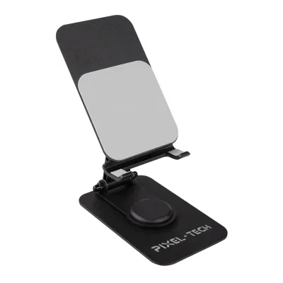 Black metal phone stand folded flat, under three inches wide