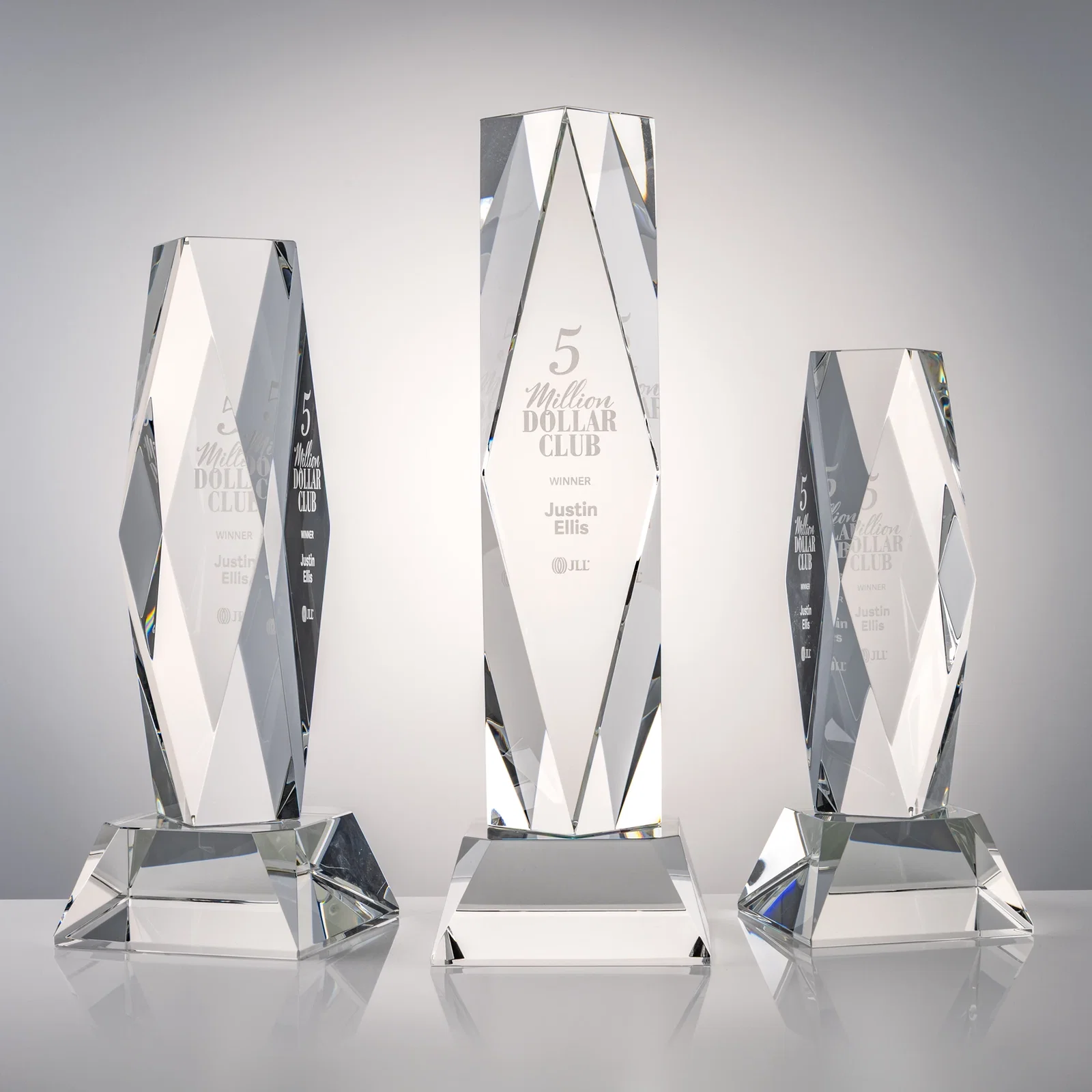 Custom Optical Crystal Diamond Award with Three Etching Zones for employee recognition