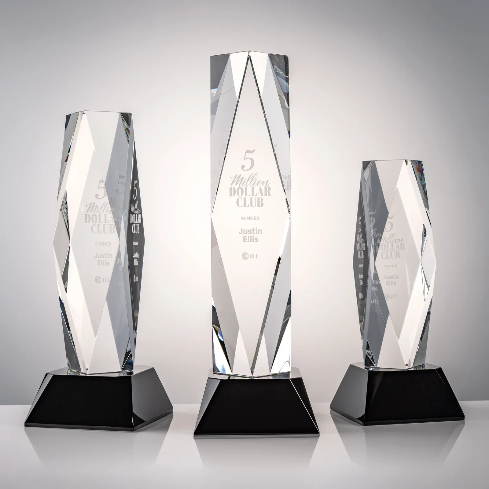 Custom Optical Crystal Diamond Award with Three Etching Zones for retirement presentations
