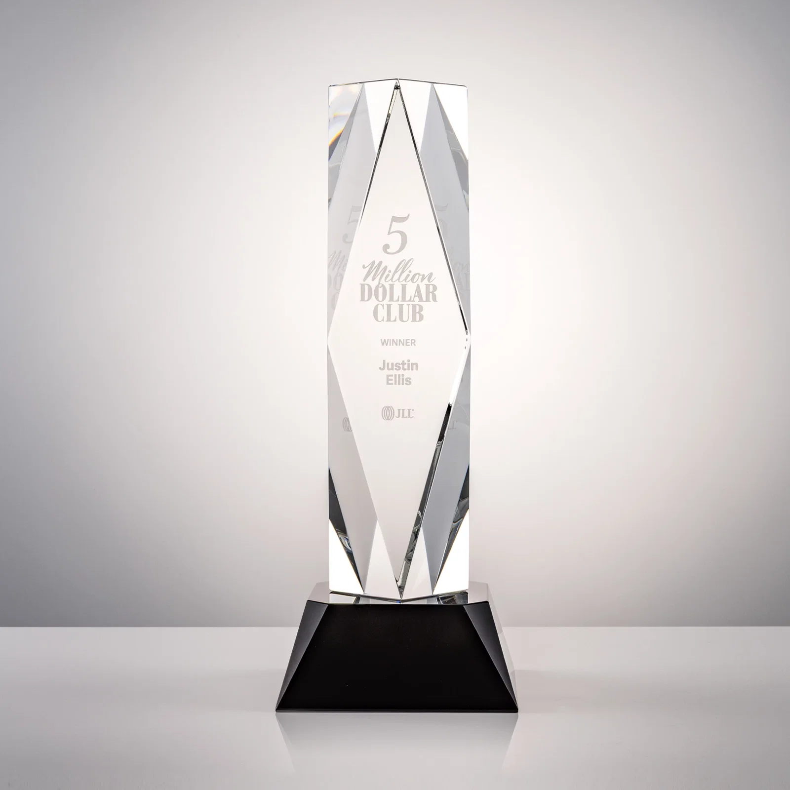 Custom Optical Crystal Diamond Award with Three Etching Zones for donor appreciation