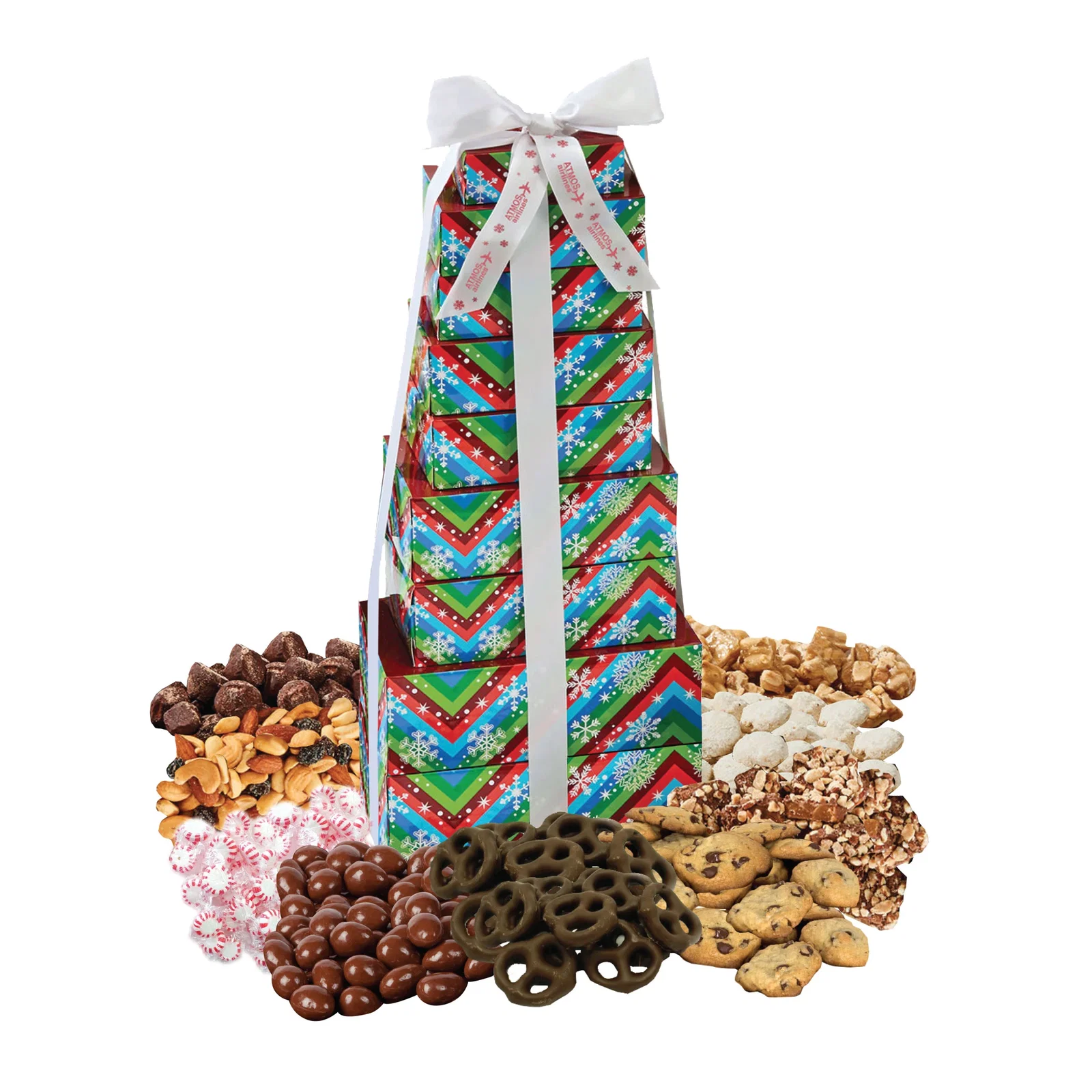 Stacked confection boxes rising eighteen inches tall