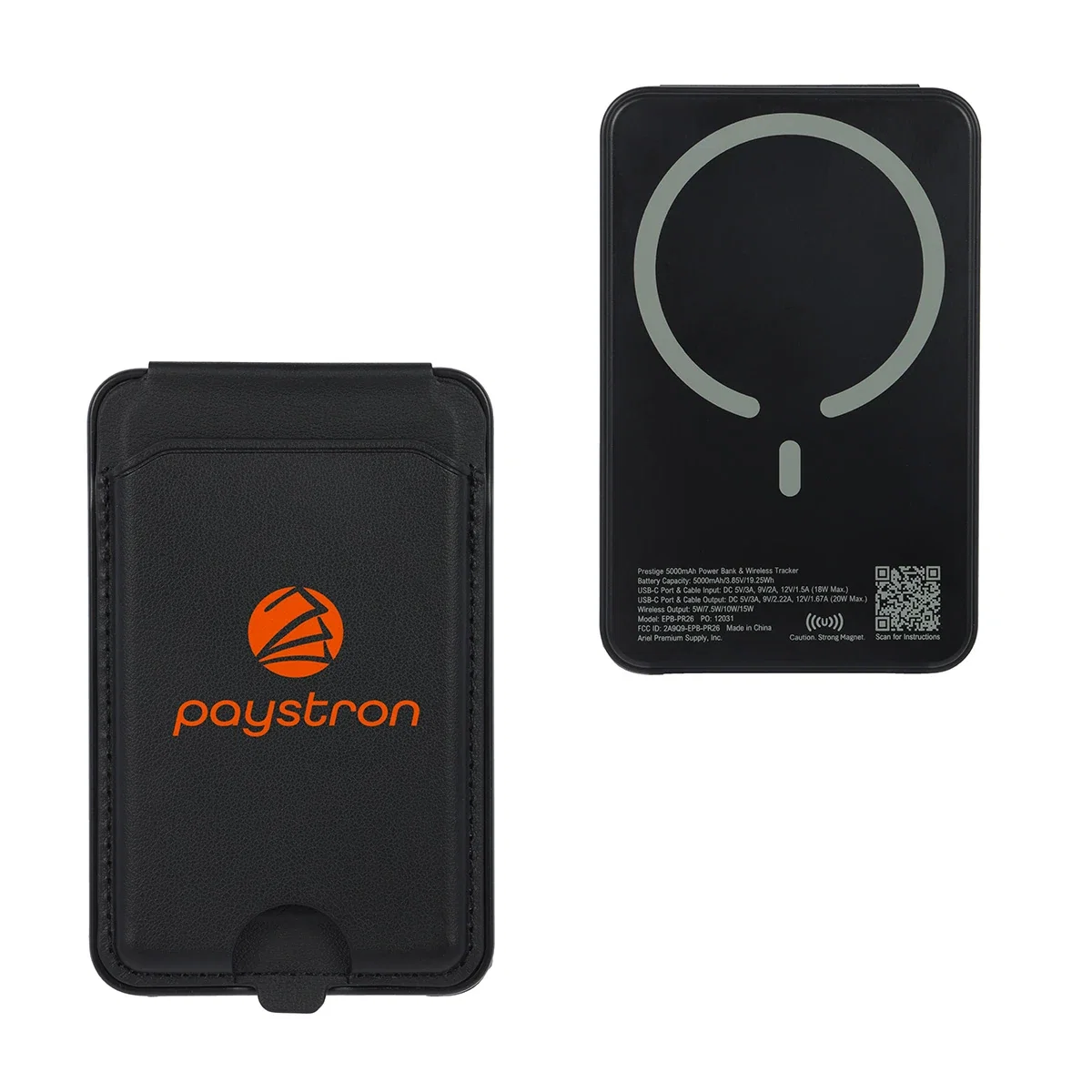 Custom Prestige Power Bank, front view of the branded magnetic wireless charger with card holder