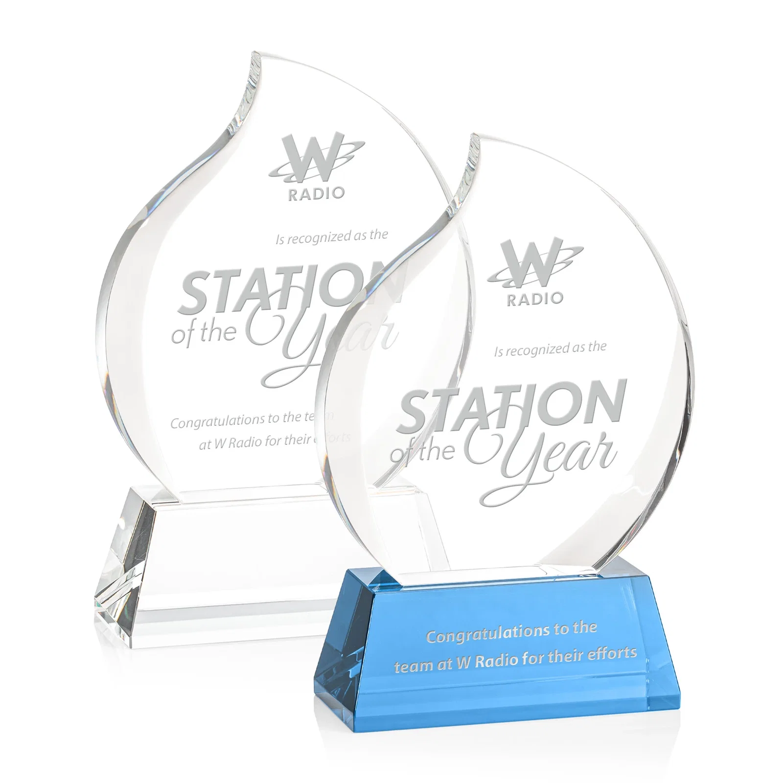 Custom Optical Crystal Flame Award With a Full-Color Printed Base for employee recognition