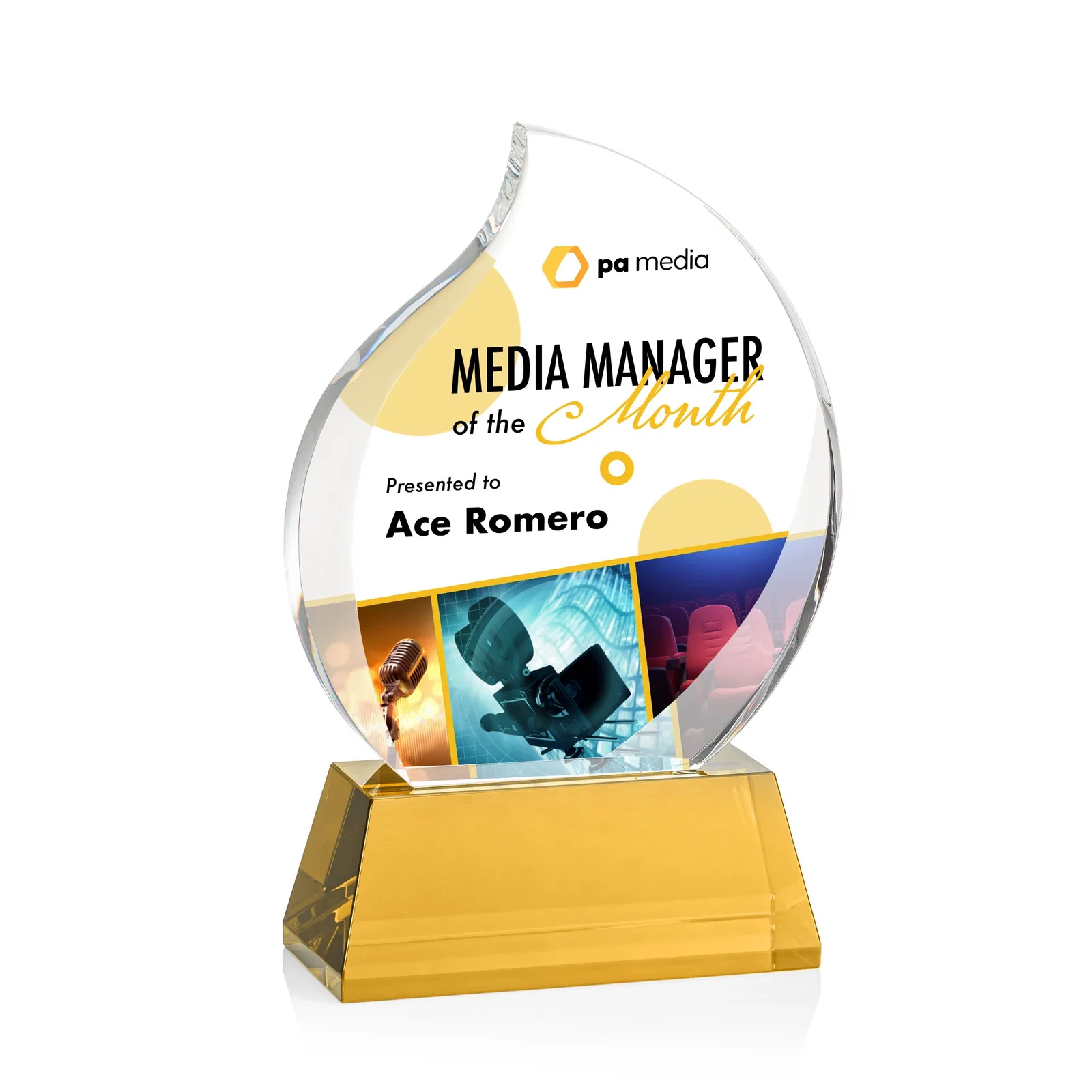 Custom Optical Crystal Flame Award With a Full-Color Printed Base for dealer and partner awards