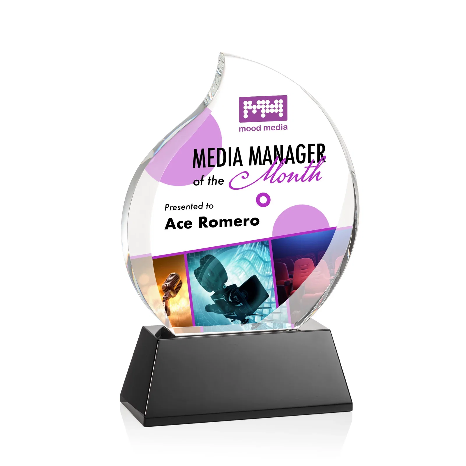 Custom Optical Crystal Flame Award With a Full-Color Printed Base for company anniversary events