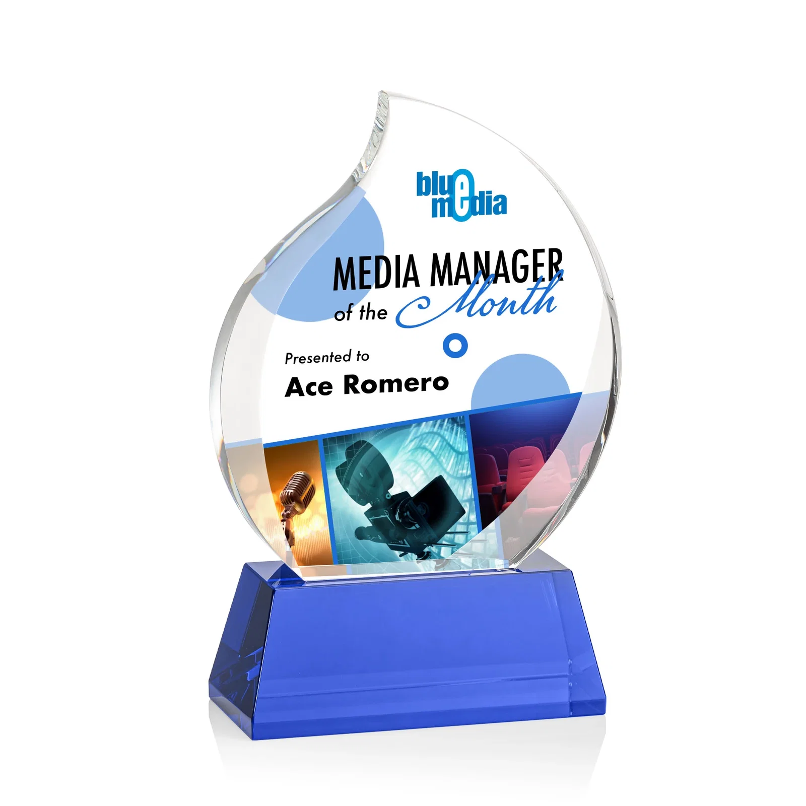Personalized Optical Crystal Flame Award With a Full-Color Printed Base for employee recognition