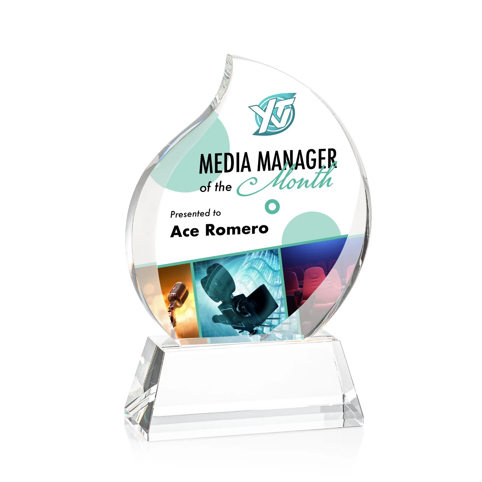 Personalized Optical Crystal Flame Award With a Full-Color Printed Base for corporate award ceremonies