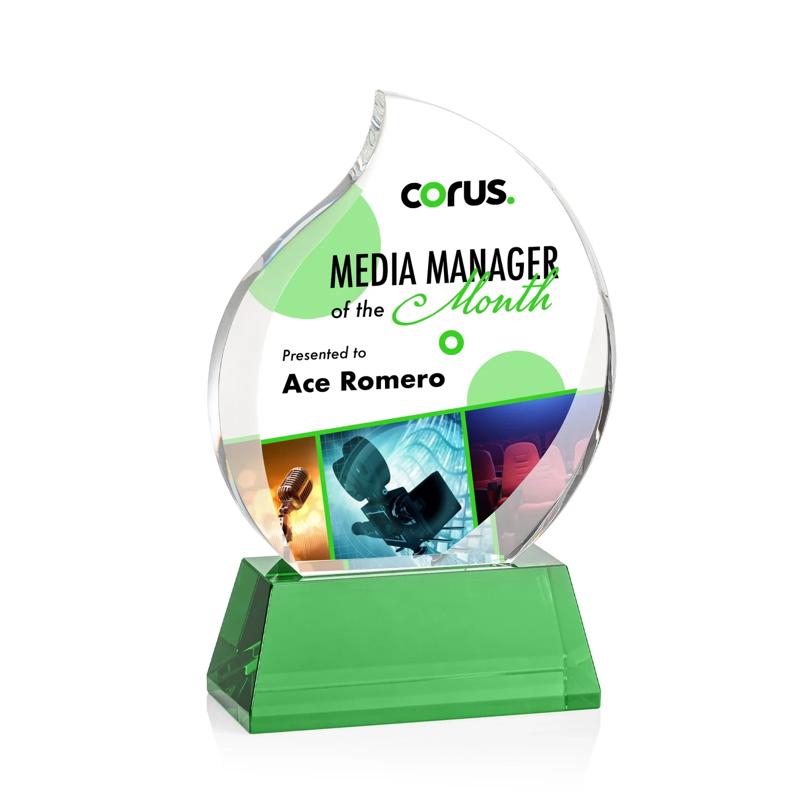 Personalized Optical Crystal Flame Award With a Full-Color Printed Base for service anniversary gifts