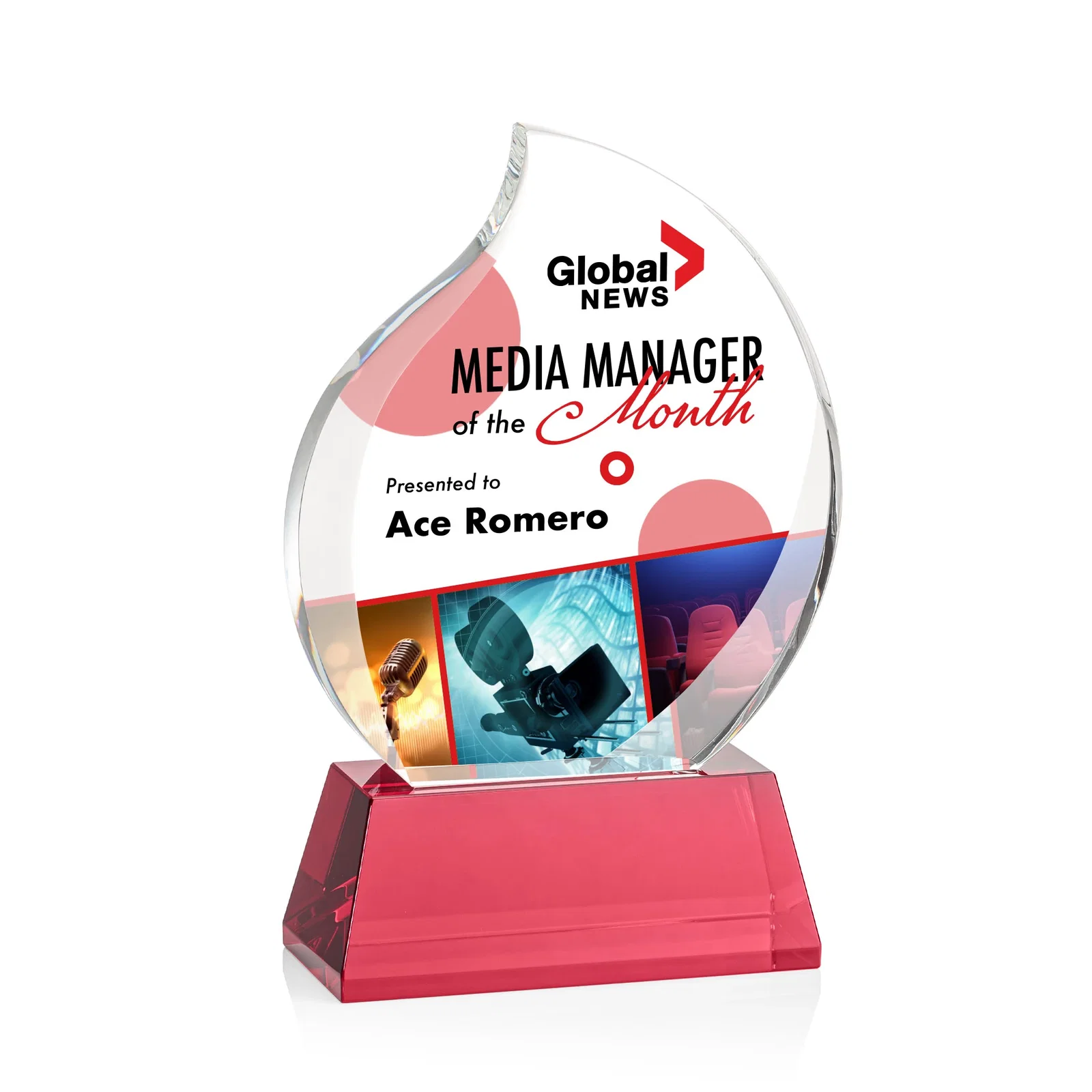 Personalized Optical Crystal Flame Award With a Full-Color Printed Base for sales achievement awards