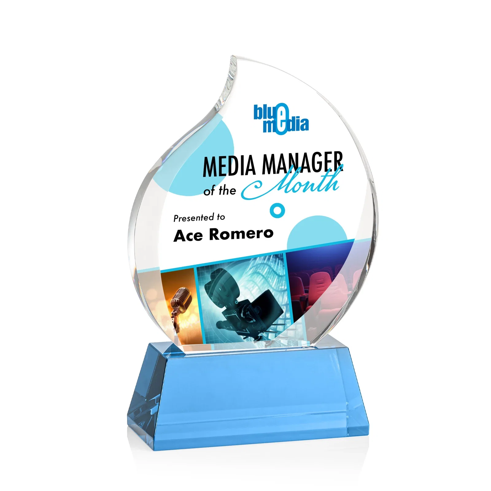 Personalized Optical Crystal Flame Award With a Full-Color Printed Base for retirement presentations